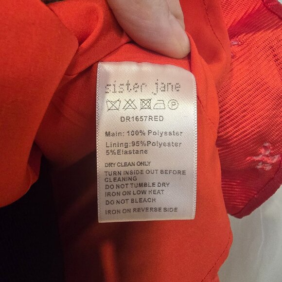 Sister Jane Poppy Dress Red Jacquard Mini Short Puff Sleeves Heart Back Medium - Picture 7 of 12